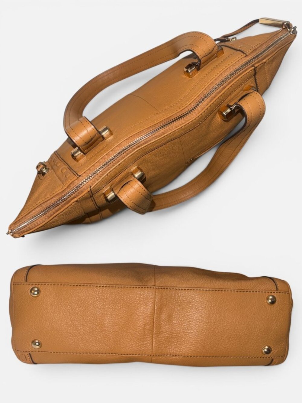 B Makowsky Shoulder Satchel Tan Pebbled Leather Brass Whipstitch Front Zip Bag - Picture 6 of 9